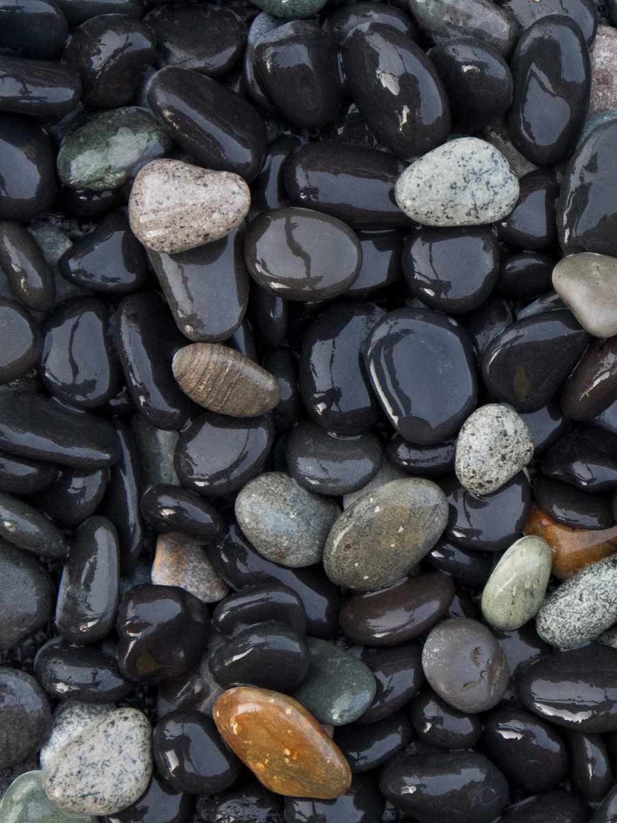 A close-up of Brisks' 20-40mm Dusk Pebbles reveals smooth, wet stones in black, gray, and muted earth tones that glisten as if freshly kissed by water.