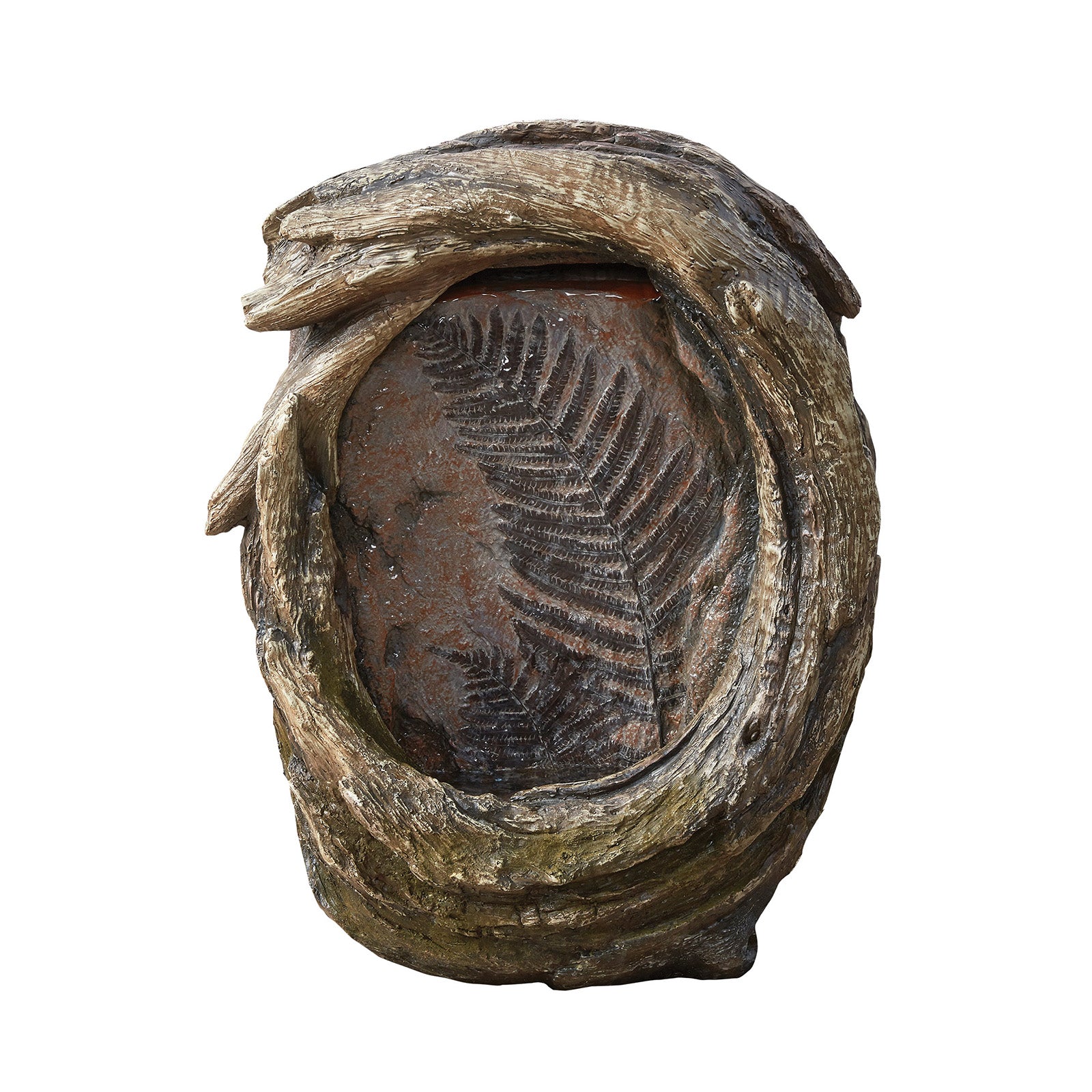 A piece of art resembling a wooden ring with a fern leaf fossil embedded inside. The surrounding structure appears to be crafted to look like aged, weathered wood, giving it a natural and ancient feel. This unique piece is reminiscent of the La Hacienda Forest Fern (Inc. LED) Water Feature by La Hacienda with its intricate design.