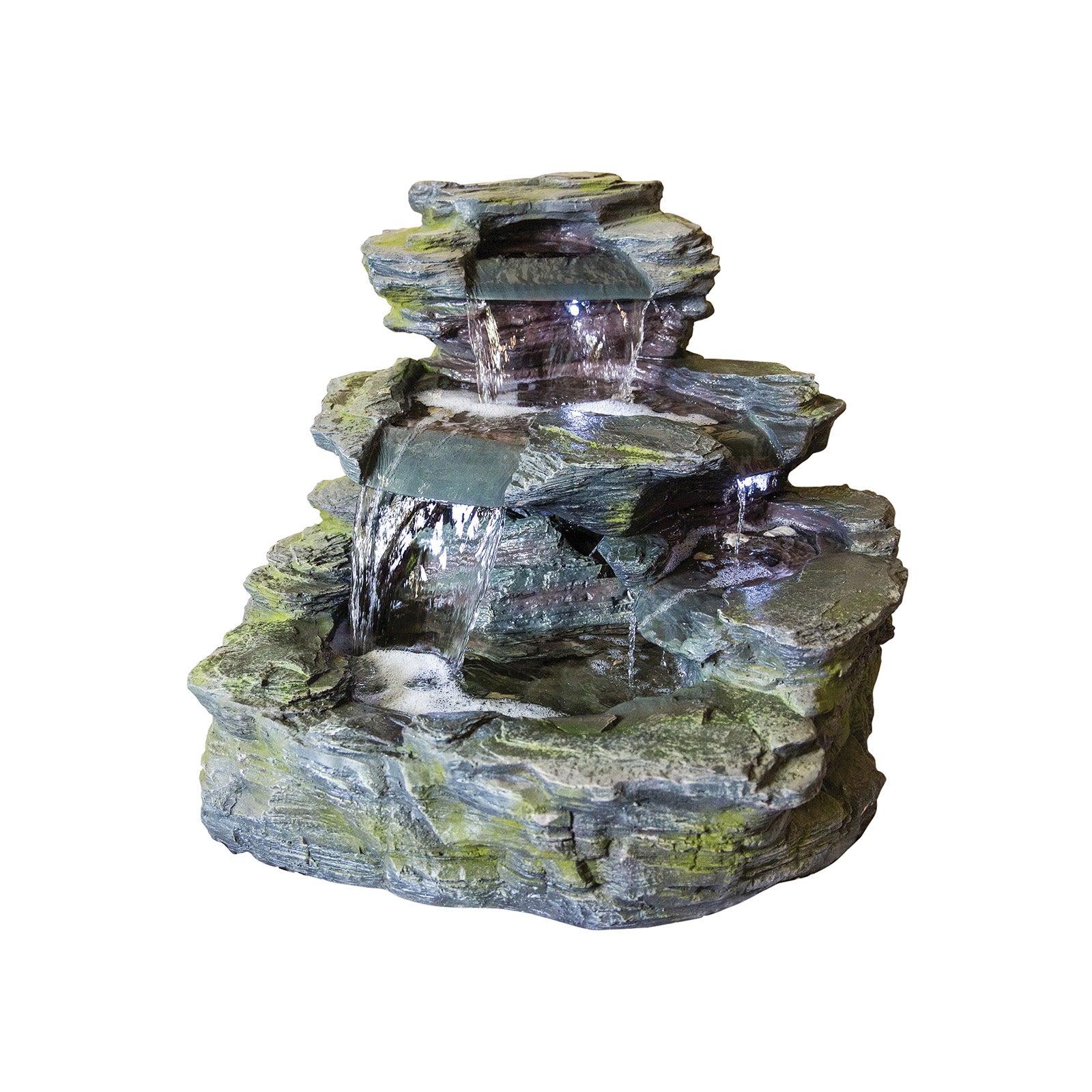 Introducing the La Hacienda Garda Falls (Inc. LED) Water Feature, a beautifully crafted garden addition that features water cascading down three levels, mimicking a natural rock formation. It boasts a moss-covered appearance for added rustic charm and ambiance. Made from durable resin construction, it's the perfect choice for enhancing your outdoor space with a touch of nature.