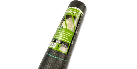 The GROUNDTEX Woven Geotextile Membrane 1x15 by Growtivation, with a green label, highlights its landscaping application and usage icons. It's designed as an effective weed barrier, ensuring ground stabilization for outdoor projects.