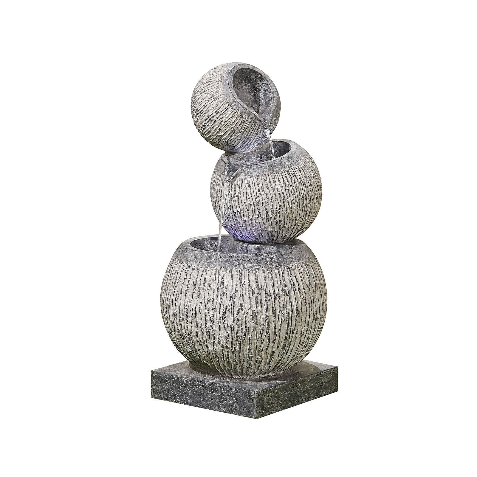 The La Hacienda Illusion Falls (Inc LEDS) Water Feature boasts three textured, spherical tiers that cascade water from the top sphere to the bottom, creating a serene effect. This outdoor water feature is set on a square base and features a weathered gray finish, perfect for enhancing any garden or patio.