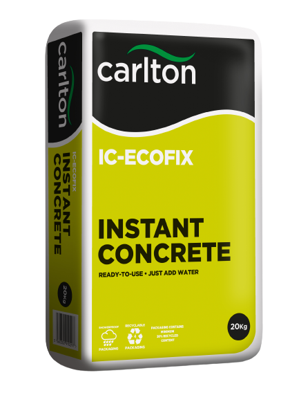 A 20kg bag of Brisks Instant Concrete. The yellow and black bag is marked with "ready-to-use - just add water." This pre-blended mix features eco-friendly attributes, including recyclable packaging and a portion of recycled content.