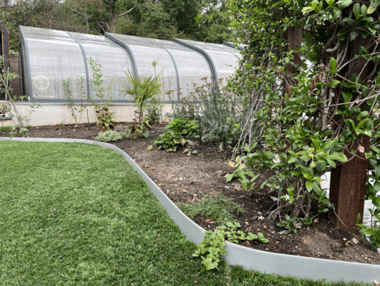 A garden gracefully curves around a plant area with CORE PRO EDGE Flexible Aluminium Edging by Core LP. In the background, a greenhouse with a transparent, arched roof stands serenely amid lush greenery and trees.