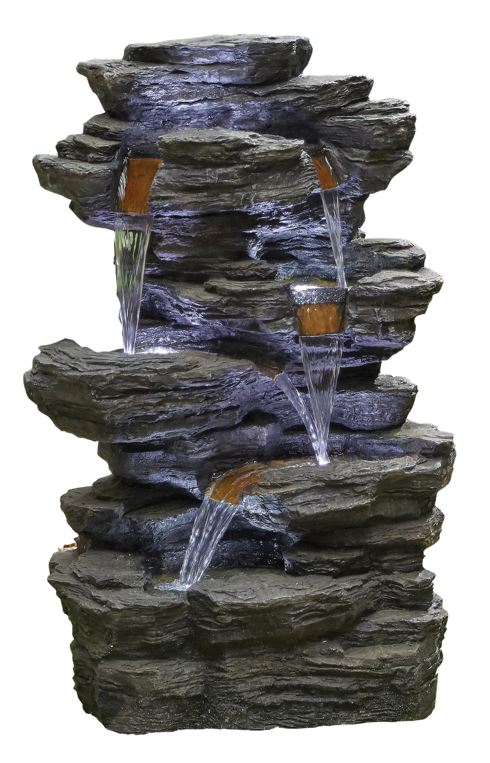 The La Hacienda Hinoki Springs (Inc. LED) Water Feature by La Hacienda boasts multiple layers of stone-like formations, with cascading water flowing from ledge to ledge. Subtle LED lights enhance the serene and natural appearance of this breathtaking vertical rock fountain.