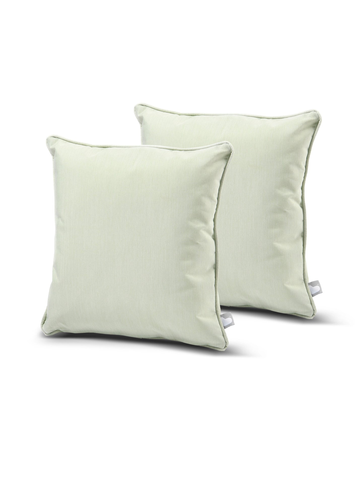 Two light green square pillows with a slightly shiny texture are placed against a white background. Each pillow has a small white tag on one of its sides. Made from splash-proof fabric, this B Cushion Twin Pack Pastel Collection by Brisks appears plush and comfortable for use on furniture.