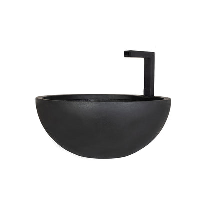 A stylish black, semi-spherical concrete vessel sink with a modern angular faucet attachment extends centrally, evoking the sleek design of La Hacienda's Patio Pond. This striking water feature offers a refined contrast against the white background.