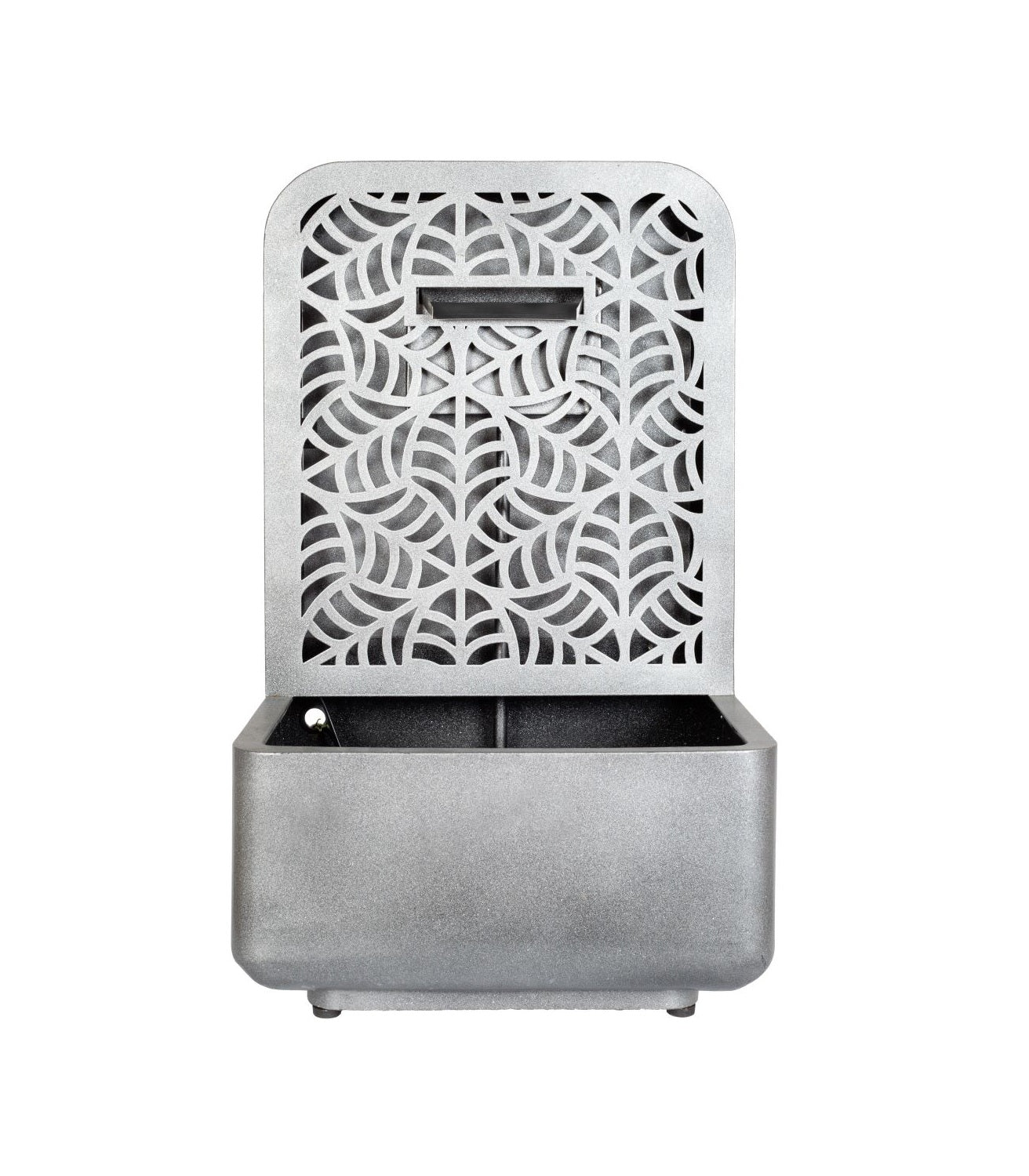 Introducing the RENÉ FALLS by La Hacienda: a stunning self-contained water fountain featuring a geometric leaf pattern on the back panel. Water streams elegantly from the top into a rectangular basin, blending modern aesthetics with an art deco style to create a striking metallic water feature for any indoor space.