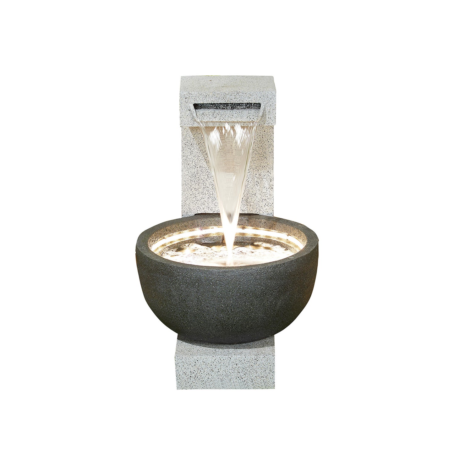 A modern outdoor water fountain featuring a cascading water spout flowing into a round, stone basin, the La Hacienda Solitary Pour (Inc LEDS) Water Feature is illuminated with soft, white LED lights. These lights highlight the gentle stream and make this garden feature from La Hacienda a decorative focal point.