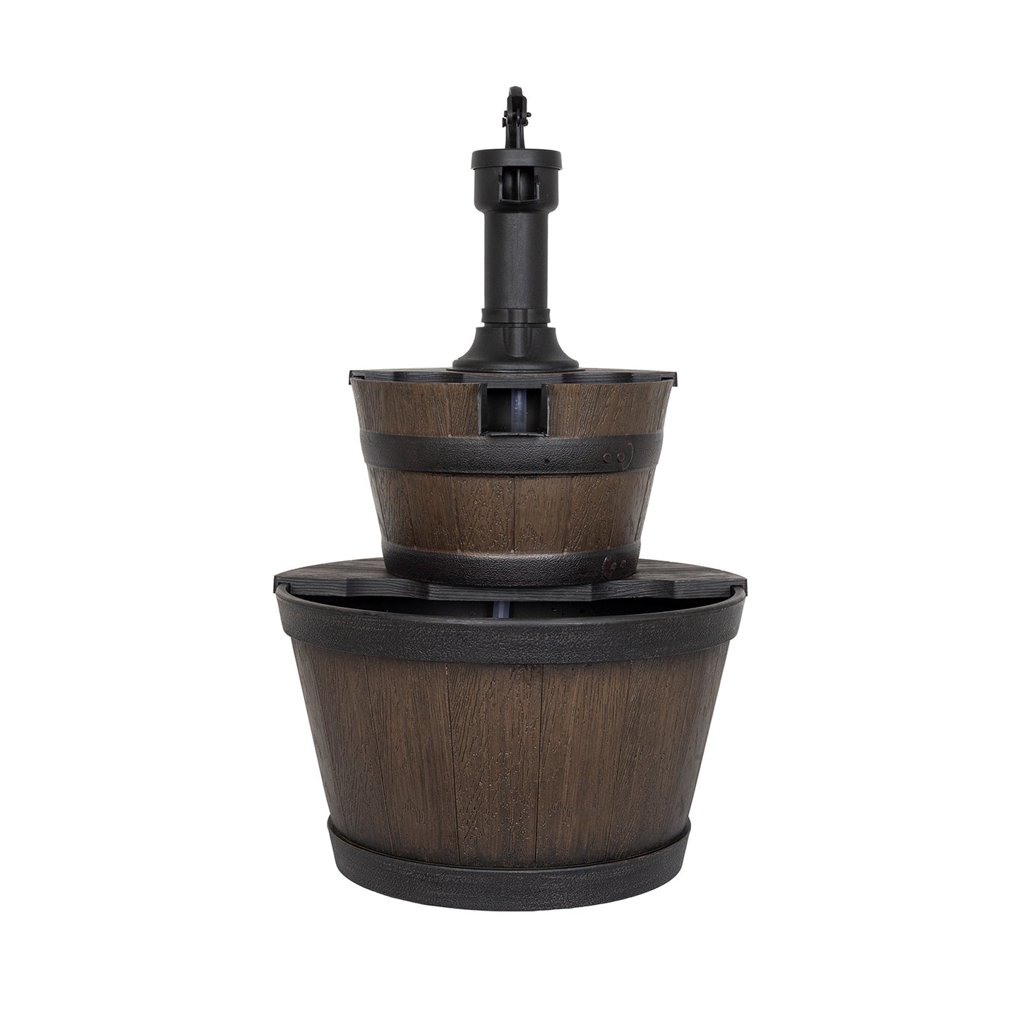 The La Hacienda Whiskey Bowls Water Feature by La Hacienda is a tiered garden fountain that mimics two vertically stacked wooden barrels. Water cascades from the smaller top barrel to the larger bottom barrel, creating a charming display. This self-contained outdoor feature boasts a rustic wood finish with dark bands encircling each barrel.