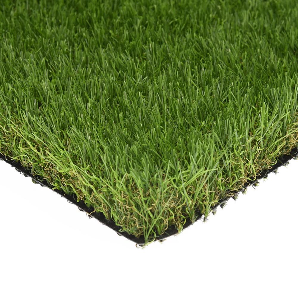 A close-up of Deck&Grass's Budget Artificial Grass reveals its lush, green surface with upright, even blades and a visible black backing. Available in 30mm, 38mm, and 40mm heights per M2, this rectangular turf offers an affordable solution.