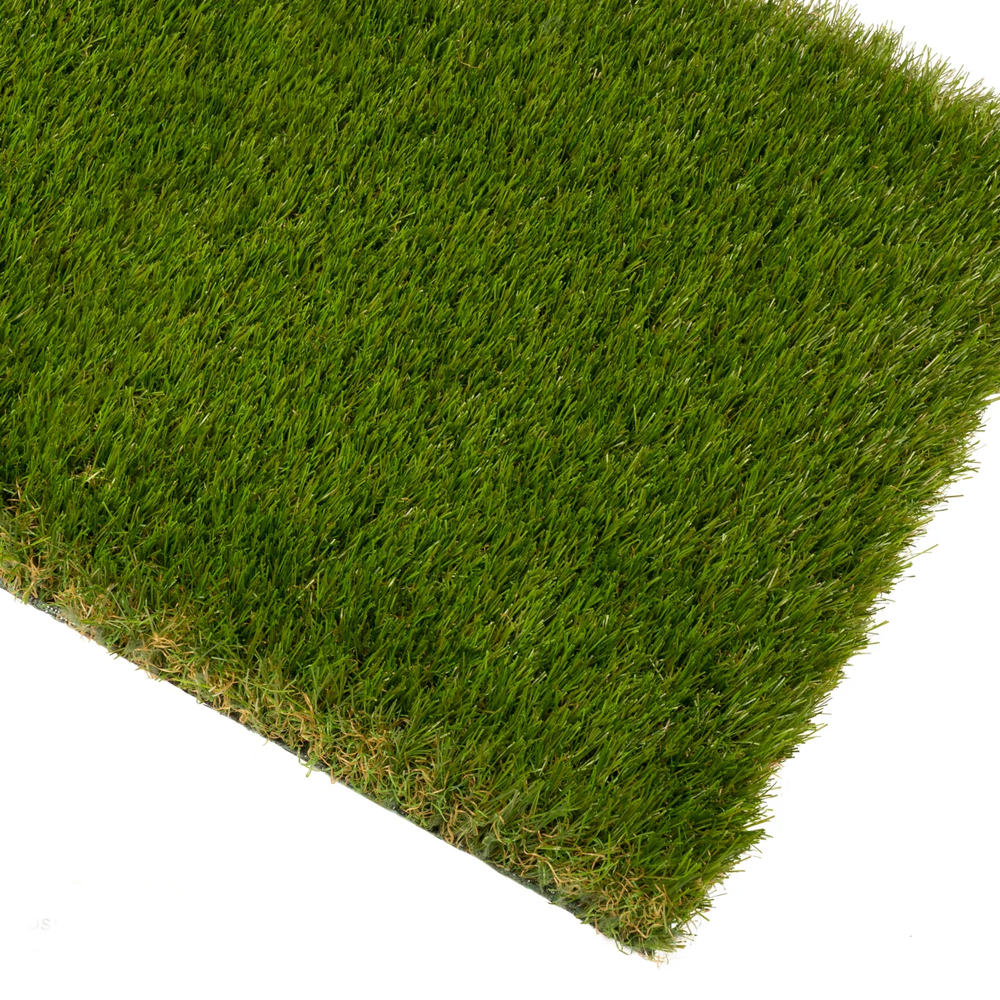 Close-up of Deck&Grass Premium Artificial Grass with vibrant green, textured blades and uniform height on a white background. This low-maintenance, UV-resistant grass is available in 30mm, 40mm, and 50mm variants per M2, offering durability and aesthetic appeal.