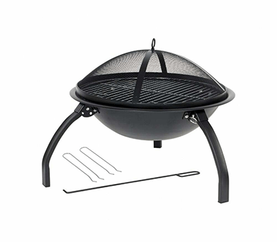 The La Hacienda Firepit - Explorer, by La Hacienda, is a round black metal outdoor firepit complete with a mesh cover and supported by four sturdy legs. It comes with three essential metal tools—a poker and two long skewers—and includes a convenient grill grate for alfresco cooking adventures.