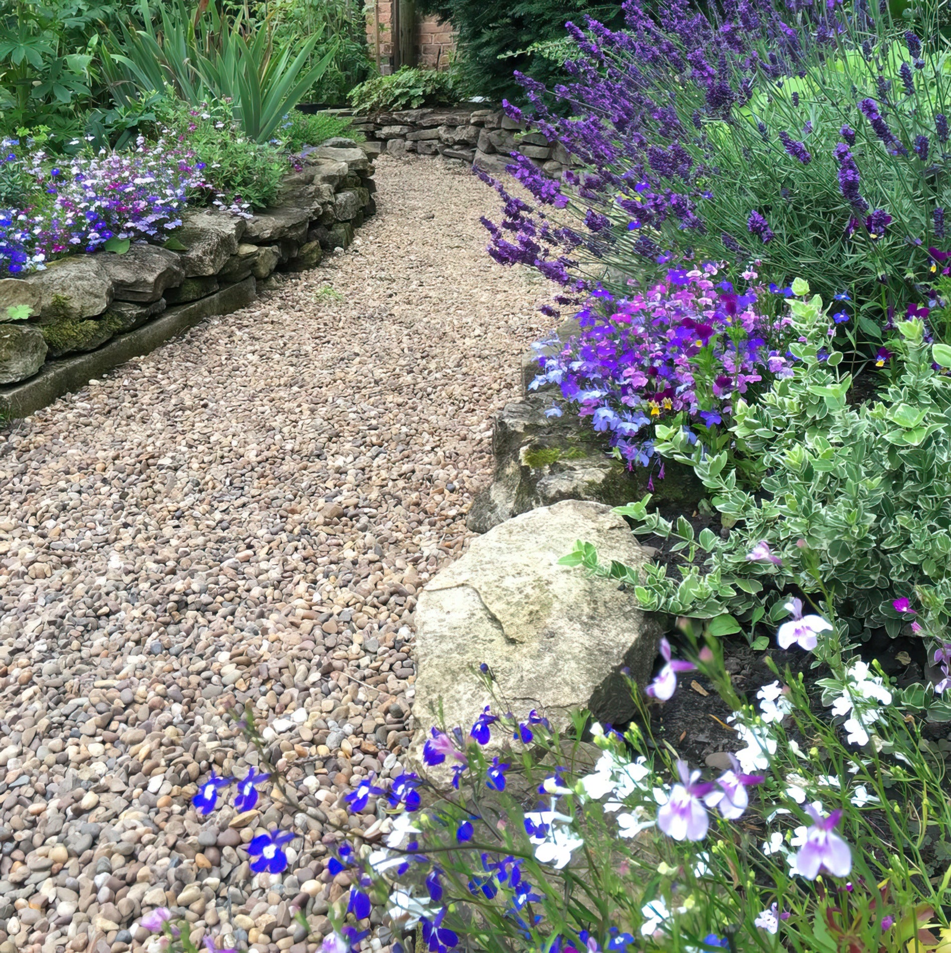A 20mm Trent Valley Gravel path from Brisks leads through a garden bordered by lush greenery and vibrant flowers in purple, white, and blue. Decorative gravels edge the path, with a large rock prominently placed in the foreground. The backdrop includes dense foliage.