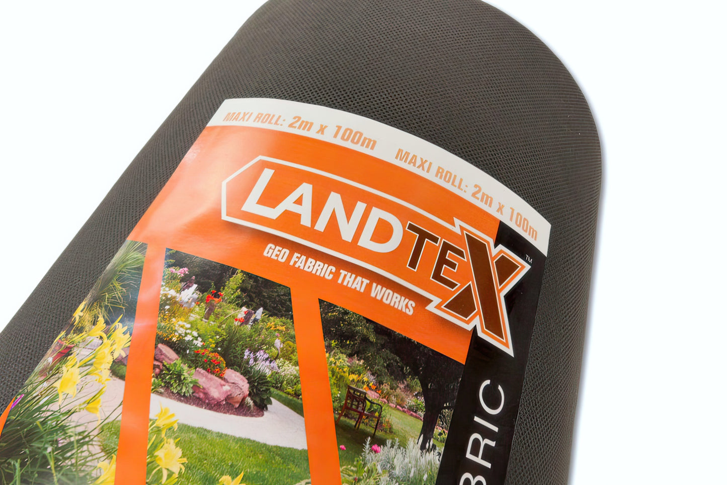 The LANDTEX Landscaping Weed Membrane 1x15 by Growtivation is shown. The packaging displays a vibrant garden with flowers and a walkway. Ideal for landscape projects, this eco-friendly weed control fabric measures 2m x 100m.