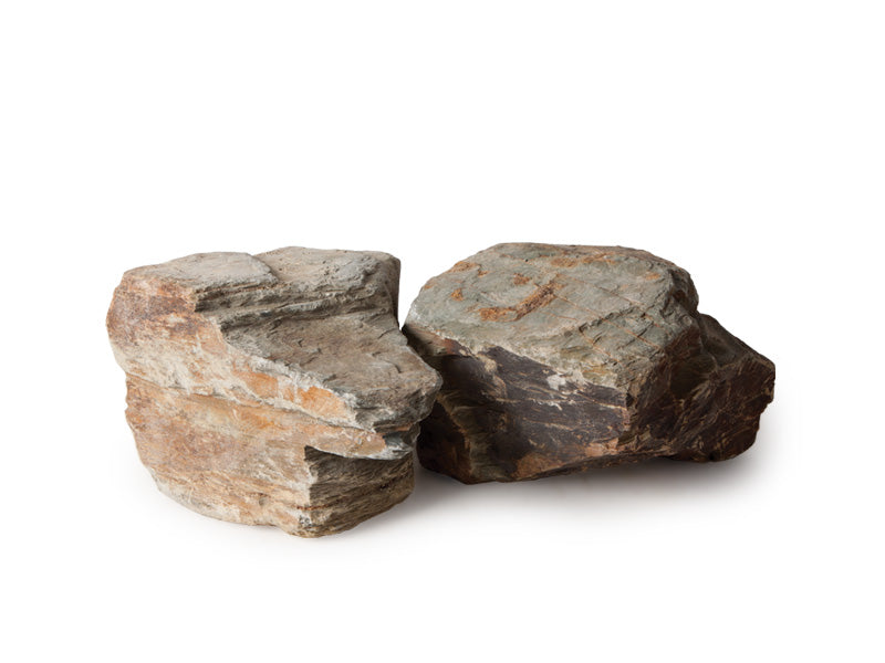 Two irregularly shaped rocks from the Rustic Slate Rockery collection by Bowland Stone reveal Brisks' rustic vibes with earthy brown, gray, and orange tones. Placed on a white background, their rough textures suggest sedimentary formation with intriguing copper and grey hues.