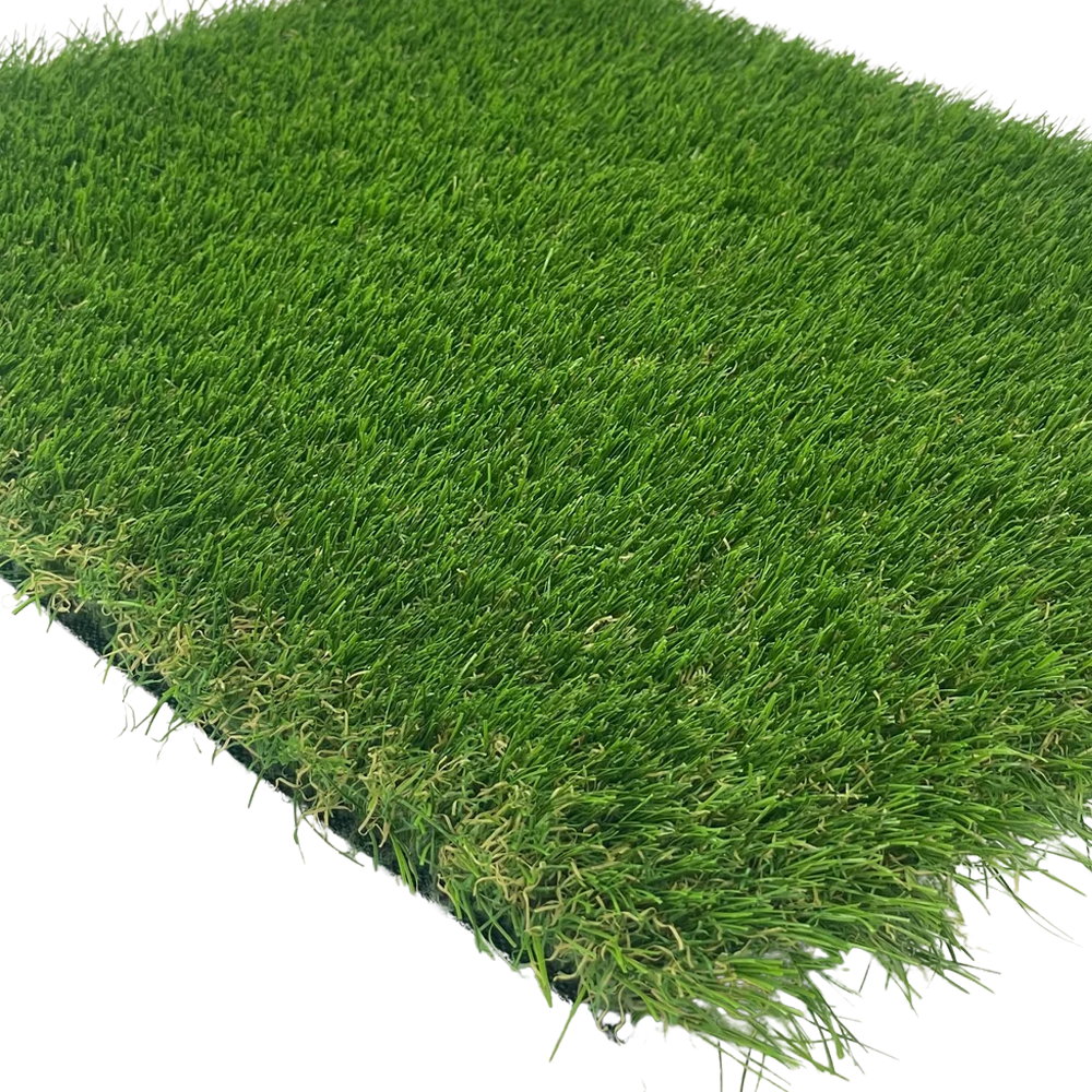 Close-up of a Deck&Grass Premium Artificial Grass piece with lush, even green blades and dense texture. Its UV-resistant, low-maintenance design ensures longevity. A visible edge shows the layered structure as it rests on a white background. Available in 30mm, 40mm, or 50mm heights per m².