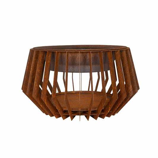 The La Hacienda Turbine Firepit by La Hacienda is a round, rust-colored metal piece with a contemporary design and an industrial flair. Its unique cage-like structure, with vertical strips reminiscent of an oxidized firepit, connects the solid top and bottom for a striking geometric pattern.