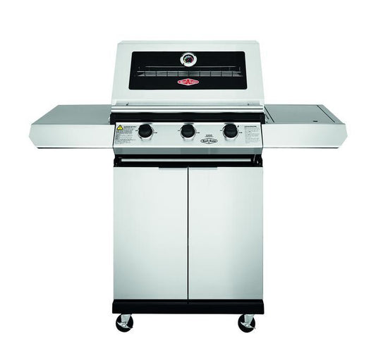 Experience outdoor cooking like never before with the Brisks BeefEater 1200S Series 3 Burner BBQ & Trolley, a stainless steel gas grill featuring three control knobs, a built-in thermometer on the lid, and two side shelves. This 3 Burner BBQ also includes a lower storage cabinet with double doors and is mounted on wheels for easy mobility.