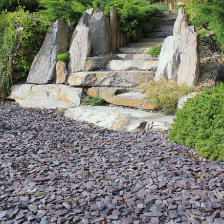 a stone path surrounded by trees and rocks