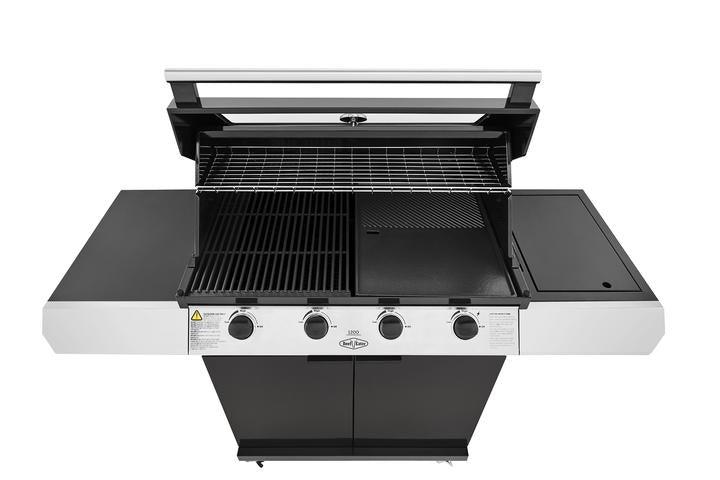 An Outdoor Kitchen staple, the Brisks BeefEater 1200E Series 4 Burner BBQ & Trolley features four control knobs, an open lid, and dual cooking areas. The left half has grill grates, while the right half offers a flat grilling surface. Additional surfaces on either side provide space for food preparation or storage. The Brisks BBQ stands on a sturdy base.