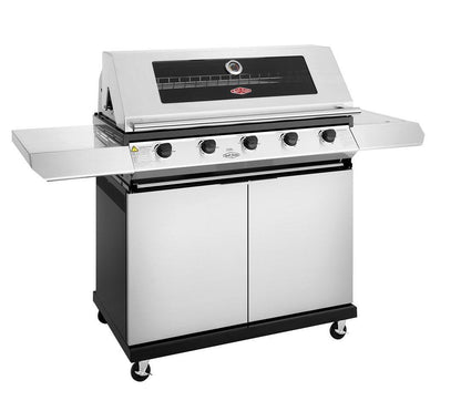 The Brisks BeefEater 1200S Series 5 Burner BBQ & Trolley is an essential for outdoor living, featuring a stainless steel design with a closed lid and five control knobs. This 5 burner BBQ includes side shelves, a storage cabinet below, and is mounted on four caster wheels for easy mobility.