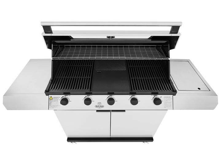 A stainless steel Brisks BeefEater 1200S Series 5 Burner BBQ & Trolley with five control knobs, an open lid, and two side shelves. The grilling surface includes multiple grates and a central flat-top plate, perfect for outdoor living and various cooking styles. Storage cabinets are located below the Brisks BeefEater 1200S Series 5 Burner BBQ & Trolley.