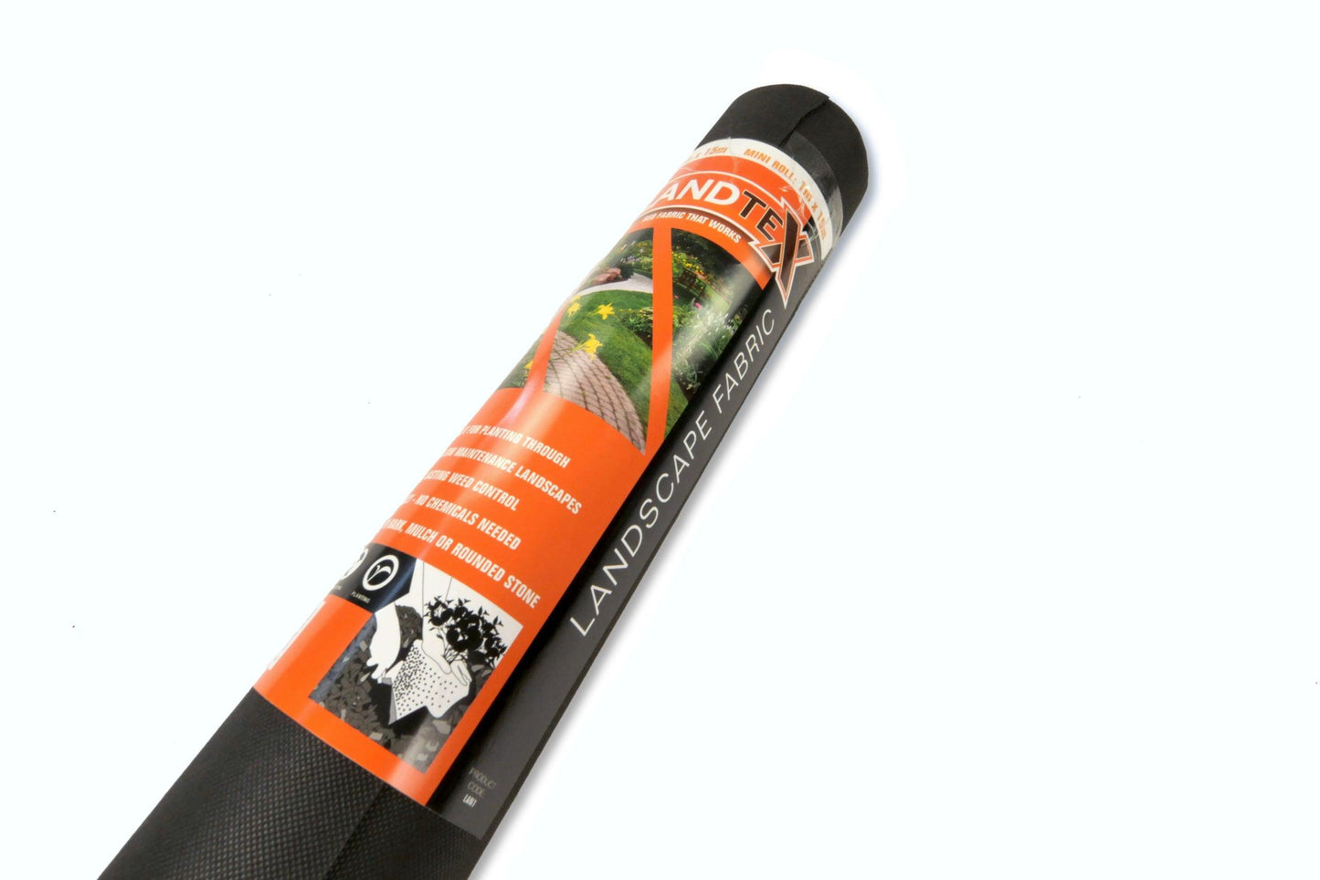 A rolled-up package of Brisks LANDTEX Weed Membrane Fabric. The packaging is predominantly orange and black, featuring images of garden landscapes and an illustration of fabric being laid out. The text highlights product features, usage instructions, and its effectiveness as an eco-friendly weed barrier.