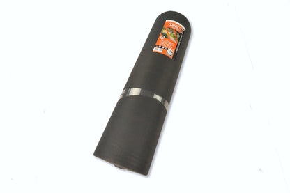 Rolled up black LANDTEX Weed Membrane Fabric with a product label and two gray straps securing it. The label features images and text, indicating product details, but the specifics are not readable. Resembling an eco-friendly weed barrier, the fabric is positioned against a plain white background.