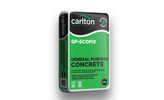 A 20kg bag of Brisks General Purpose Concrete is shown against a plain background. The green and white bag with black text features Brisks' logo along the top. Marked as eco-friendly, this ready-to-use concrete comes with easy application instructions written on it.