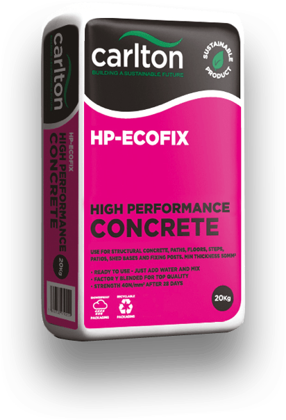 A 20kg bag of High Performance Concrete from the brand Brisks. The bag is primarily pink and white with black and green accents. Text on the bag highlights its use for structural concrete, steps, paths, and other applications, emphasizing its durability and impressive compressive strength.
