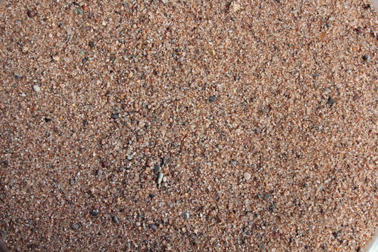 Close-up of fine, beige and brown sand grains. The Brisks Kiln Dried Paving Sand contains tiny pebbles and specks of darker stones scattered throughout, giving it a varied texture. The image captures the intricate details and natural colors of this polished appearance sand.
