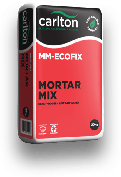A 20 kg bag of Brisks Mortar Mix Concrete with a red and white design. The packaging features the Brisks logo, the words "Sustainable Product," and a recycling symbol, emphasizing its eco-friendly nature. Ideal for bricklaying, the label states "Ready-to-use, just add water.