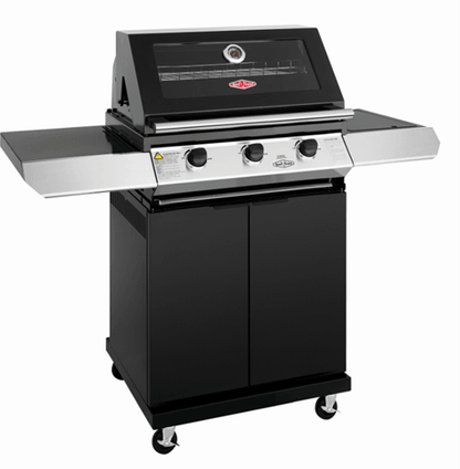 A sleek, black Brisks BeefEater 1200E Series 3 Burner BBQ & Trolley with three control knobs, a lid with a built-in thermometer, and two metallic side shelves. This 3 Burner BBQ is mounted on a black cabinet base with caster wheels for easy mobility—perfect for luxurious outdoor living.