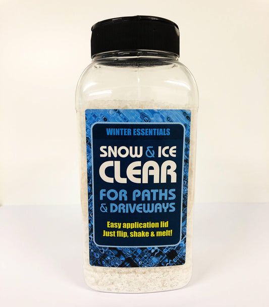 A clear plastic bottle with a black lid labeled "Brisks Salt Shaker for Paths & Driveways." The label includes instructions: "Easy application lid, just flip, shake & melt!" This container, which works like a salt shaker, holds a white granular substance.