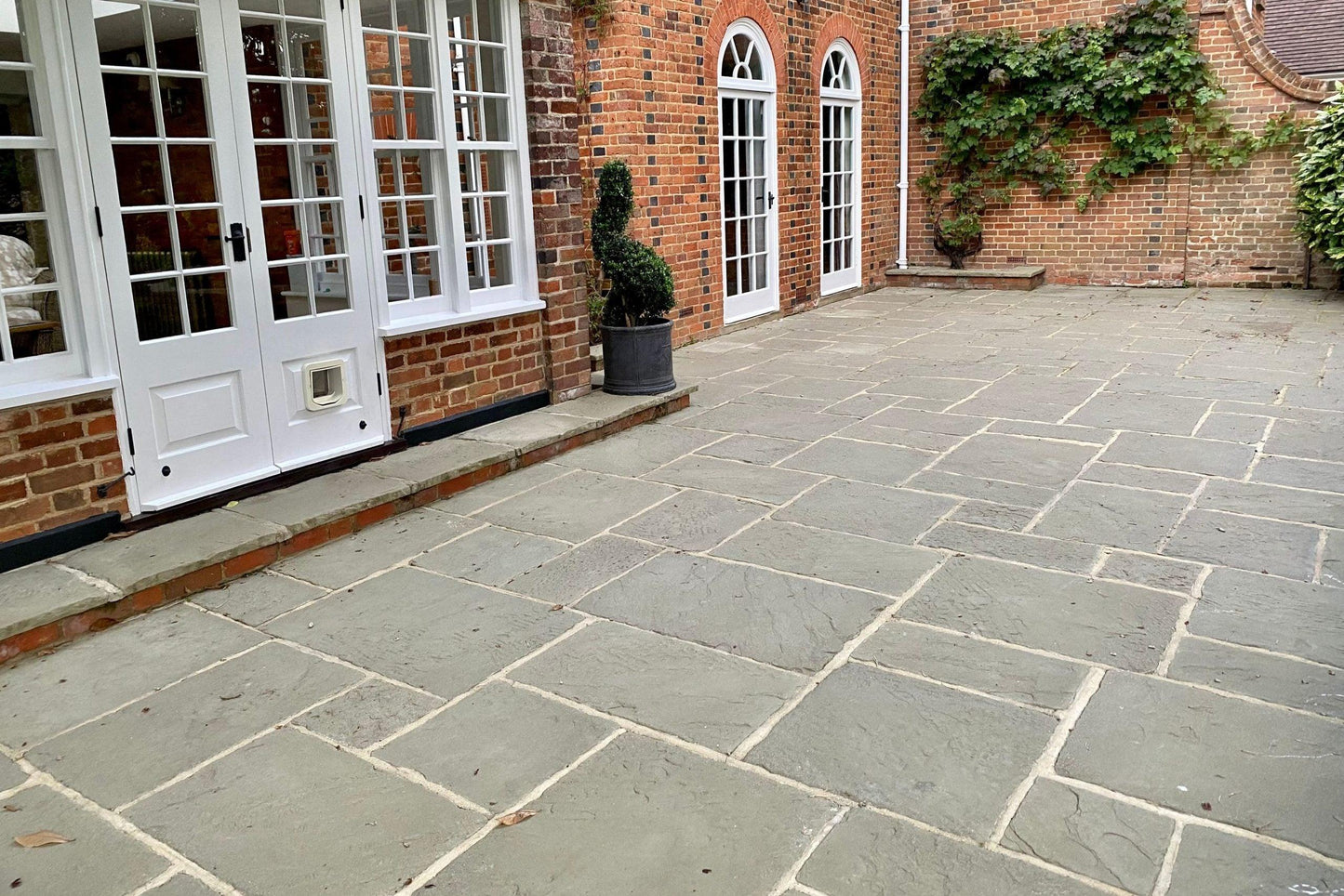 A spacious stone-paved patio adorned with Brisks Kandla Grey Sandstone Paving Slabs, featuring a brick house with large white-framed French doors and arched windows. A small topiary plant in a pot stands near the door, while green ivy climbs part of the wall in the background.