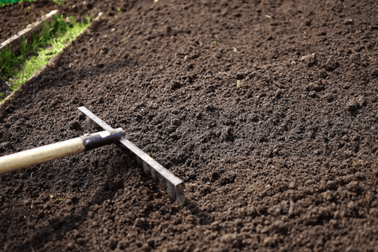 A garden rake is lying on freshly tilled, nutrient-enriched soil, with a garden bed visible in the background. The rich, dark soil is Brisks Multipurpose Garden Topsoil and ready for planting. A small patch of green grass can be seen on the left side.