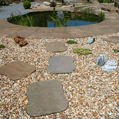 a garden with a pond and stepping stones