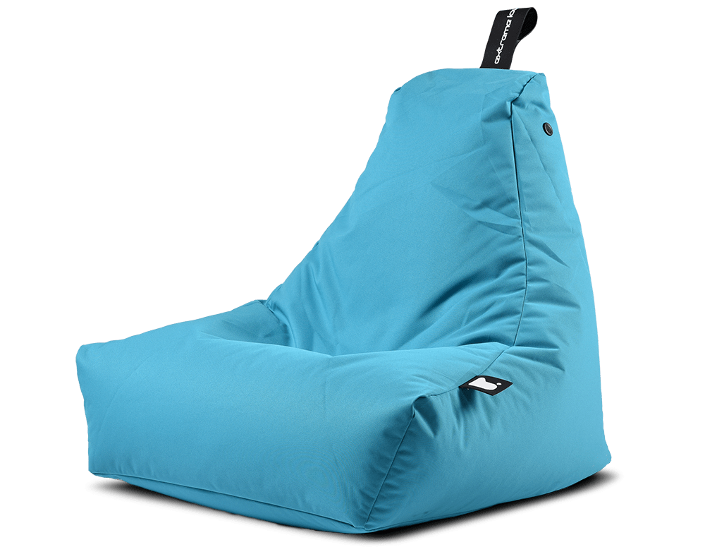 A bright blue Brisks Extreme Lounging B-Bag Mighty with a triangular backrest. The premium quality fabric appears smooth and durable, and there is a black strap with a logo tag at the top of the backrest. The overall design is compact, modern, and perfect for easy maintenance.