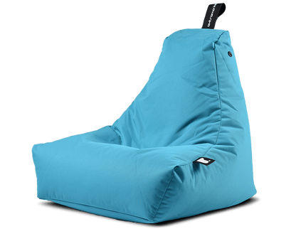 A bright blue Brisks Extreme Lounging B-Bag Mighty with a triangular backrest. The premium quality fabric appears smooth and durable, and there is a black strap with a logo tag at the top of the backrest. The overall design is compact, modern, and perfect for easy maintenance.