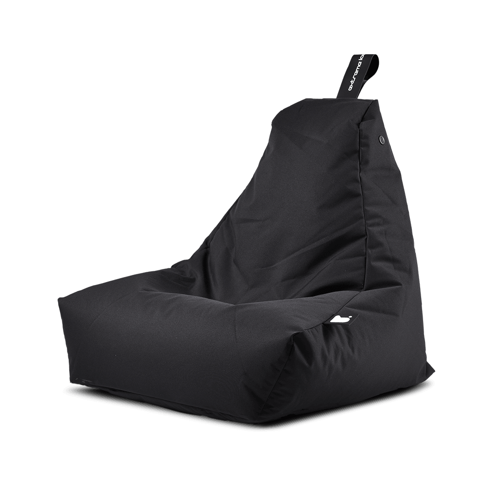 A modern, black, fabric Extreme Lounging Outdoor Mini B-Bag by Brisks with a high backrest and a handle on top for easy carrying. Made from premium quality fabric, this durable and comfortable chair features a boxy, contemporary design perfect for relaxed lounging.