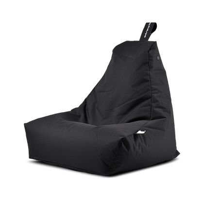 A modern, black, fabric Extreme Lounging Outdoor Mini B-Bag by Brisks with a high backrest and a handle on top for easy carrying. Made from premium quality fabric, this durable and comfortable chair features a boxy, contemporary design perfect for relaxed lounging.