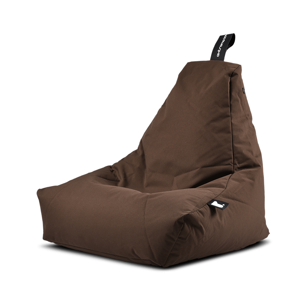 A brown Brisks Extreme Lounging Outdoor Mini B-Bag with a triangular backrest and a black strap handle at the top, designed for comfortable seating. The premium quality fabric appears soft, giving the chair a casual, relaxed look suitable for lounging. Durable and comfortable for all your relaxation needs.