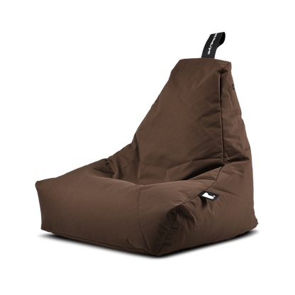 A brown Brisks Extreme Lounging Outdoor Monster B-Bag with a high backrest and a small handle on top. The seat is cushioned for comfort, made of premium quality fabric that's both soft and durable. Resting on a flat surface, it showcases its relaxed, inviting shape.