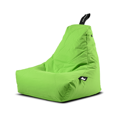 A bright green Brisks Extreme Lounging Outdoor Monster B-Bag with a high backrest and a small black tag on the side is shown against a plain background. Made from premium quality fabric, the bean bag has a soft, cushioned appearance, and there's a fabric loop on the top for easy carrying.