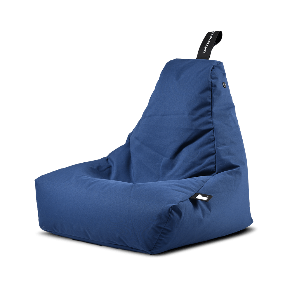 A blue Brisks Extreme Lounging B-Bag Mighty with a high backrest and a handle on top. Made from premium quality fabric, it has a soft, cushioned surface and a relaxed, slouched design for extreme lounging comfort. Easy maintenance ensures it stays inviting for years to come.