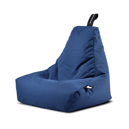 A blue, triangular-shaped Brisks Extreme Lounging Outdoor Mini B-Bag is pictured against a plain background. The chair features durable and comfortable premium quality fabric and a handle on top. Its contemporary design offers a cushioned seating option perfect for relaxation.