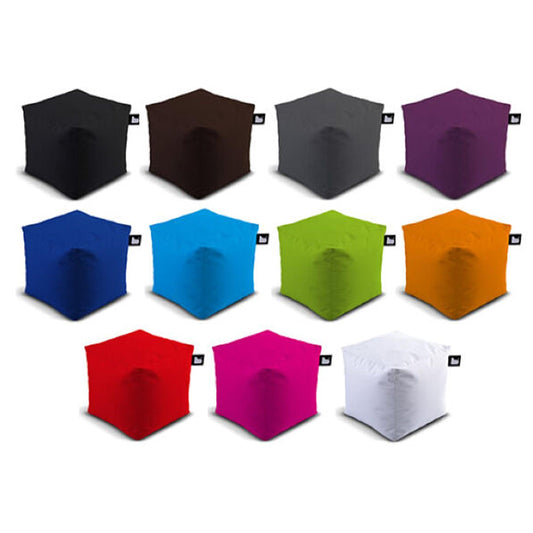 A grid of 12 cube-shaped bean bags, filled with polystyrene beads, are displayed in various colors. The colors include black, dark brown, dark gray, purple, blue, light gray, lime green, orange, red, pink, gray and white. Each Brisks Extreme Lounging Outdoor B-Box has a small black tag on one of its upper corners.