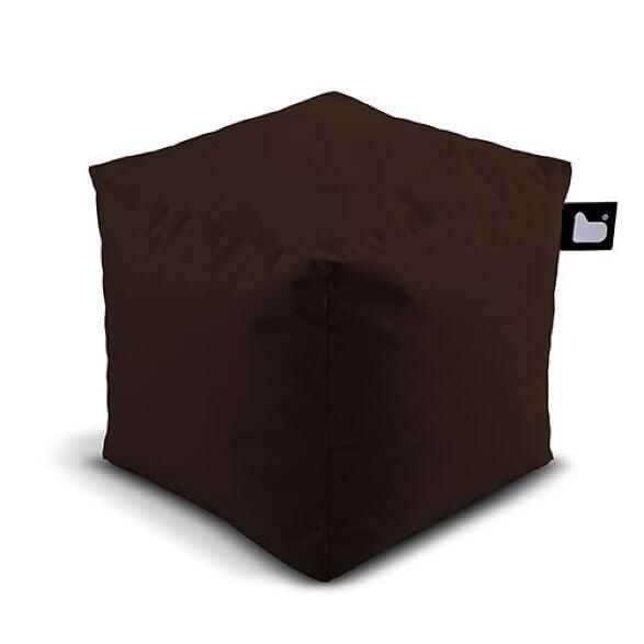 A dark brown cube-shaped Extreme Lounging Outdoor B-Box, filled with polystyrene beads and with a slightly wrinkled surface. A black tag with a white heart symbol is attached to one of the top edges. Perfect for your garden retreat or any outdoor B-Box setting, it's set against a plain white background by Brisks.