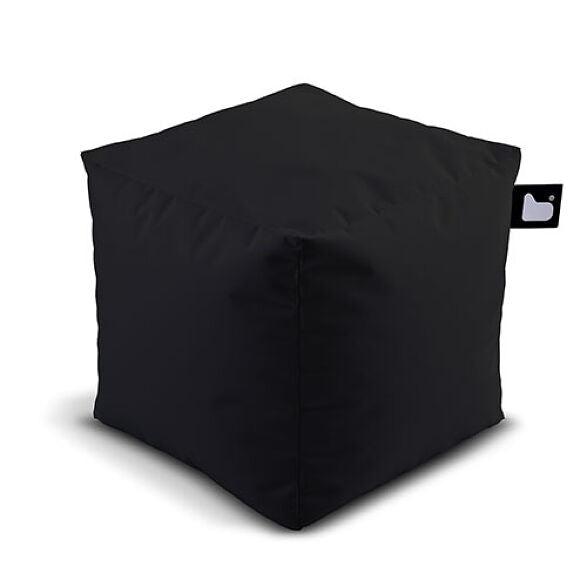 A black, cube-shaped Extreme Lounging Outdoor B-Box with smooth fabric from Brisks, perfect for a garden retreat. It contains polystyrene beads for added comfort and has a small tag on one corner featuring a white heart symbol on a black background. The Extreme Lounging Outdoor B-Box sits on a plain white surface.