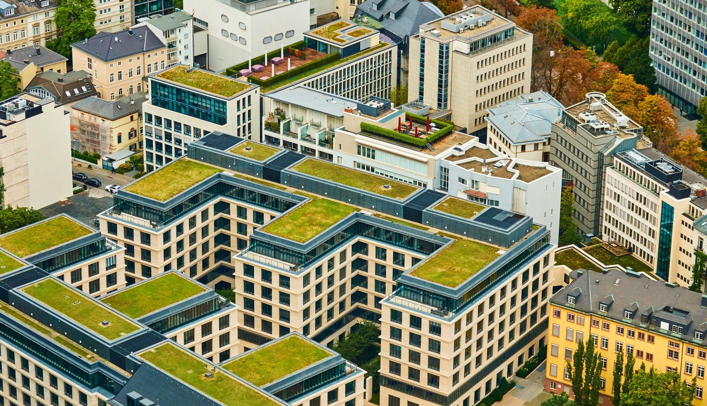 an aerial view of a city with a green roof